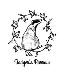 Vector card with hand drawn sweet Badger in graceful leafy  wreath made with ink. Perfect animal design elements, logo template