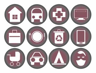 Vector set of 12 round icons with city related items, grey with pink hue
