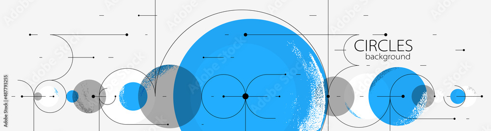 Poster geometric background with circles and lines vector art, abstract composition technical plan, flat mi