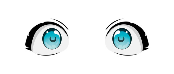 Happy anime style big blue eyes with sparkles. Hand drawn vector illustration. Isolated on white background.