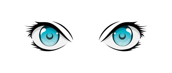 Happy anime style big blue eyes with sparkles. Hand drawn vector illustration. Isolated on white background.
