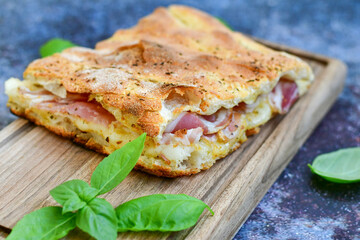   Italian  Focaccia with crispy crust  and  prosciutto . Full 72 hour pizza dough   fermentation   method. Roman style pizza alla pinsa  