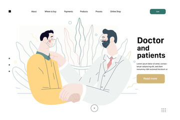Doctor and patients -medical insurance web template - modern flat vector concept digital illustration. A male doctor is talking with compassion to a male patient, in the medical office. Landing page