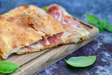   Italian  Focaccia with crispy crust  and  prosciutto . Full 72 hour pizza dough   fermentation   method. Roman style pizza alla pinsa  