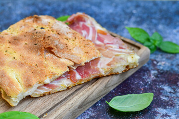   Italian  Focaccia with crispy crust  and  prosciutto . Full 72 hour pizza dough   fermentation   method. Roman style pizza alla pinsa  