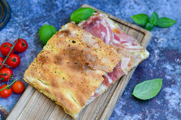   Italian  Focaccia with crispy crust  and  prosciutto . Full 72 hour pizza dough   fermentation   method. Roman style pizza alla pinsa  