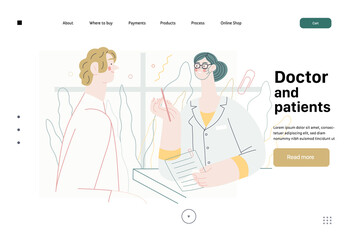 Doctor and patients -medical insurance web template - modern flat vector concept digital illustration. A female doctor is talking with compassion to a male patient, in the medical office