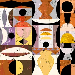 Rolgordijnen abstract geometric background pattern, retro style, with circles, semicircles, squares, paint strokes and splashes,  african inspired, seamless mosaic pattern © Kirsten Hinte