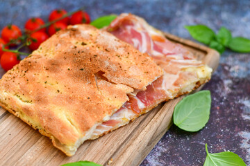   Italian  Focaccia with crispy crust  and  prosciutto . Full 72 hour pizza dough   fermentation   method. Roman style pizza alla pinsa  