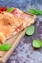   Italian  Focaccia with crispy crust  and  prosciutto . Full 72 hour pizza dough   fermentation   method. Roman style pizza alla pinsa  