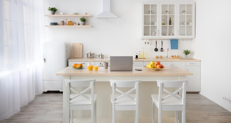 Fototapeta na wymiar Cozy dining room interior, minimalist kitchen design