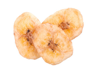 Banana chips isolated on white background. Dried fruit snack. Top view.