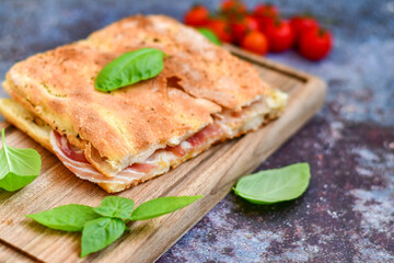  Italian  Focaccia with crispy crust  and  prosciutto . Full 72 hour pizza dough   fermentation   method. Roman style pizza alla pinsa  