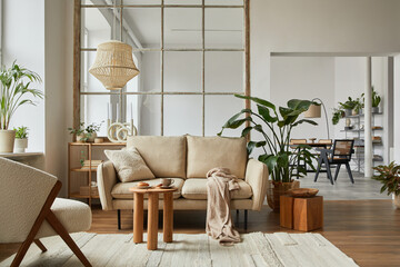 Modern living room interior composition with beige sofa, wooden coffee table and modern home...