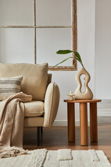 Minimalist composition of modern living room interior details. Creative vases on the wooden side...