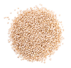 White quinoa seeds isolated on white background. Pile of raw kinwa. Top view.