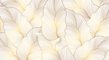 Luxury gold nature background vector. Golden tropical leaves with line art style design for wall arts, greeting card, wallpaper and print. Vector illustration