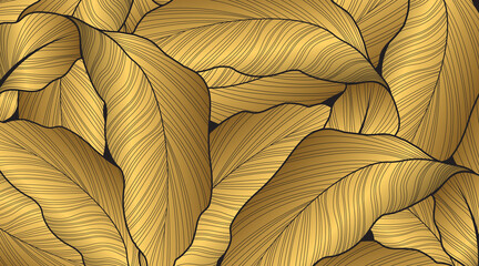 Luxury nature gold line arts pattern on black background. Exotic botanical leaves. Elegant design for print, fabric, wallpaper, invitation. Vector illustration