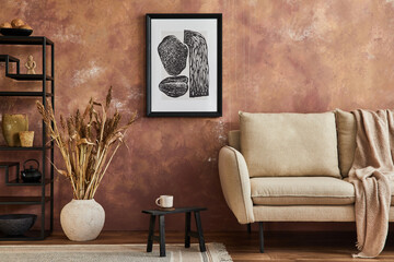 Elegant living room interior design with mock up poster frame, beige modern sofa, black metal...