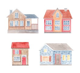 Watercolor cute rural red, brown house . Vintage hand-drawn illustration