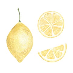 Set of watercolor illustrations of lemons. Hand painted lemons with green leaves on white background