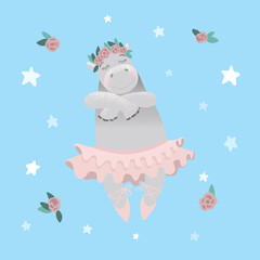 Hippo ballerina in a wreath of roses. Vector illustration.