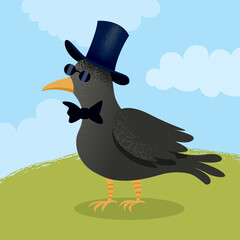 Vector image. A black rook in a top hat and glasses.