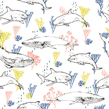 Oceans dwellers and corals, flat seamless pattern