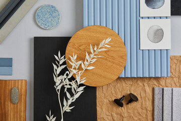 Flat lay of creative architect moodboard composition with samples of wood, textile, paint, lamella panels and tiles. Natural materials. Black, blue and light grey color palette. Copy space. Template. - obrazy, fototapety, plakaty