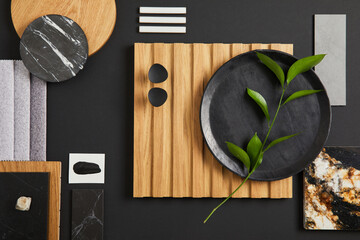 Stylish flat lay comosition of creative architect moodboard with black, beige and grey samples of textile, paint, wooden lamella panels and marble tiles. Top view. Copy space. Template.. - obrazy, fototapety, plakaty