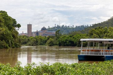 river with moored transport boat