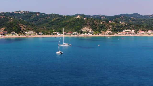 Aerial View Of Agios Georgios Beach With Two Boats In Summer Corfu Greece