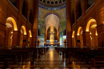 interior of a catholic church at night