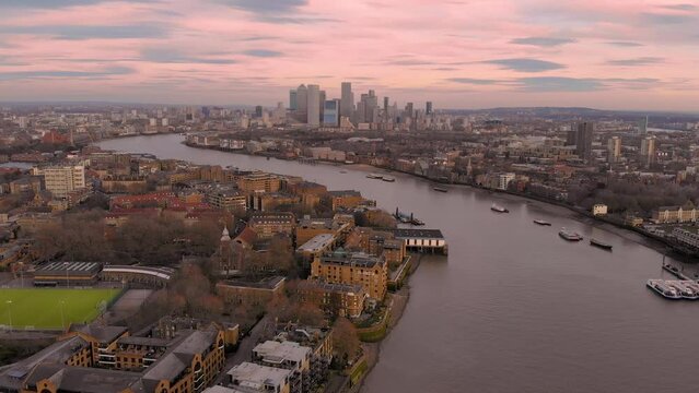 Aerial View Of Canary Wharf As Seen From Above Thames River Near Tower Bridge At Sunset