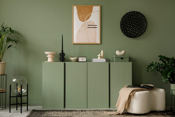 Modern living room interior composition with mockup poster frame, eucalyptus wooden commode, plants...