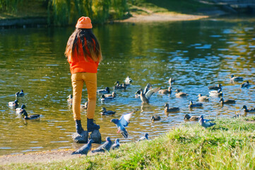 young girl feeding pigeons and ducks on the lake.
