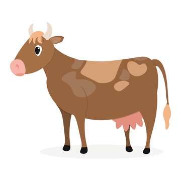 Cute cow. Vector illustration in cartoon style. Children's room decoration, print design for children's clothing. Greeting card design for girl or boy. Brown color of cow. Vector design of cattle.