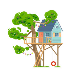 Tree house with children playground area. Vector illustration isolated on white background - 487796448