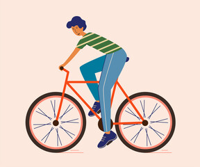 Stylish guy pedaling urban bike isolated. Colorful vector illustration in flat style