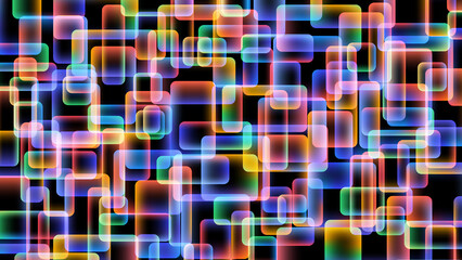 Abstract multicolored background of overlapping transparent rectangles with neon illumination on a black background. Vector illustration.