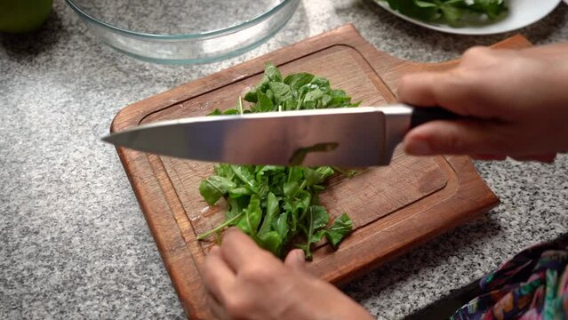 Slicing Green Arugula Leaves For Healthy Homemade Salad. High Angle