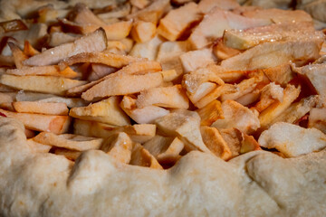 Baked galette, open pie with apples on tray in electric oven - close up view, macro. French cuisine, homemade bakery, food, cooking and pastry concept