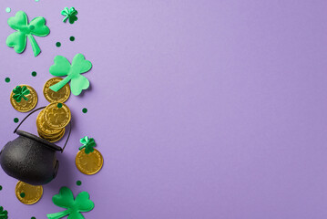 Top view photo of st patrick's day decorations pot with gold coins green shamrocks and clover...