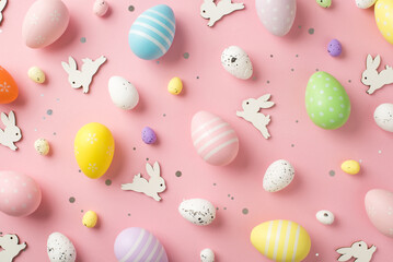 Fototapeta na wymiar Top view photo of easter decorations glowing confetti white easter bunnies and multicolored eggs on isolated pastel pink background