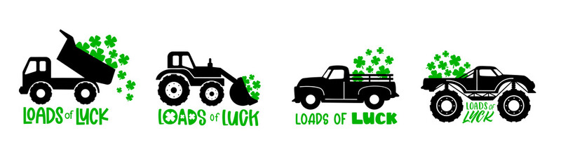 St Patricks Day Truck collection with clover leaves and quote LOADS of LUCK. Vector drawing isolated. Great as kids t shirt print.