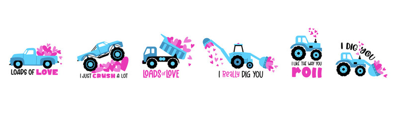 Valentines Day Truck collection with hearts and quotes LOADS of LOVE, I DIG YOU. Vector drawing isolated. Great as kids t shirt print.