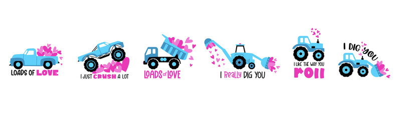 Valentines Day Truck collection with hearts and quotes LOADS of LOVE, I DIG YOU. Vector drawing isolated. Great as kids t shirt print. © Ava Ava