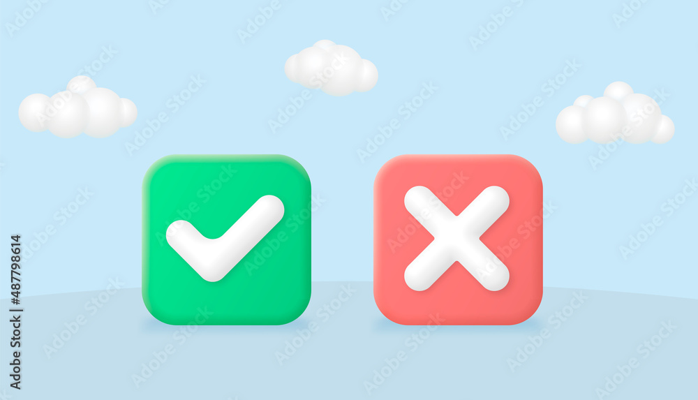 Aufkleber Checkmark icons. Green tick and red cross checkmarks. Check mark and X 3D stylized symbols
