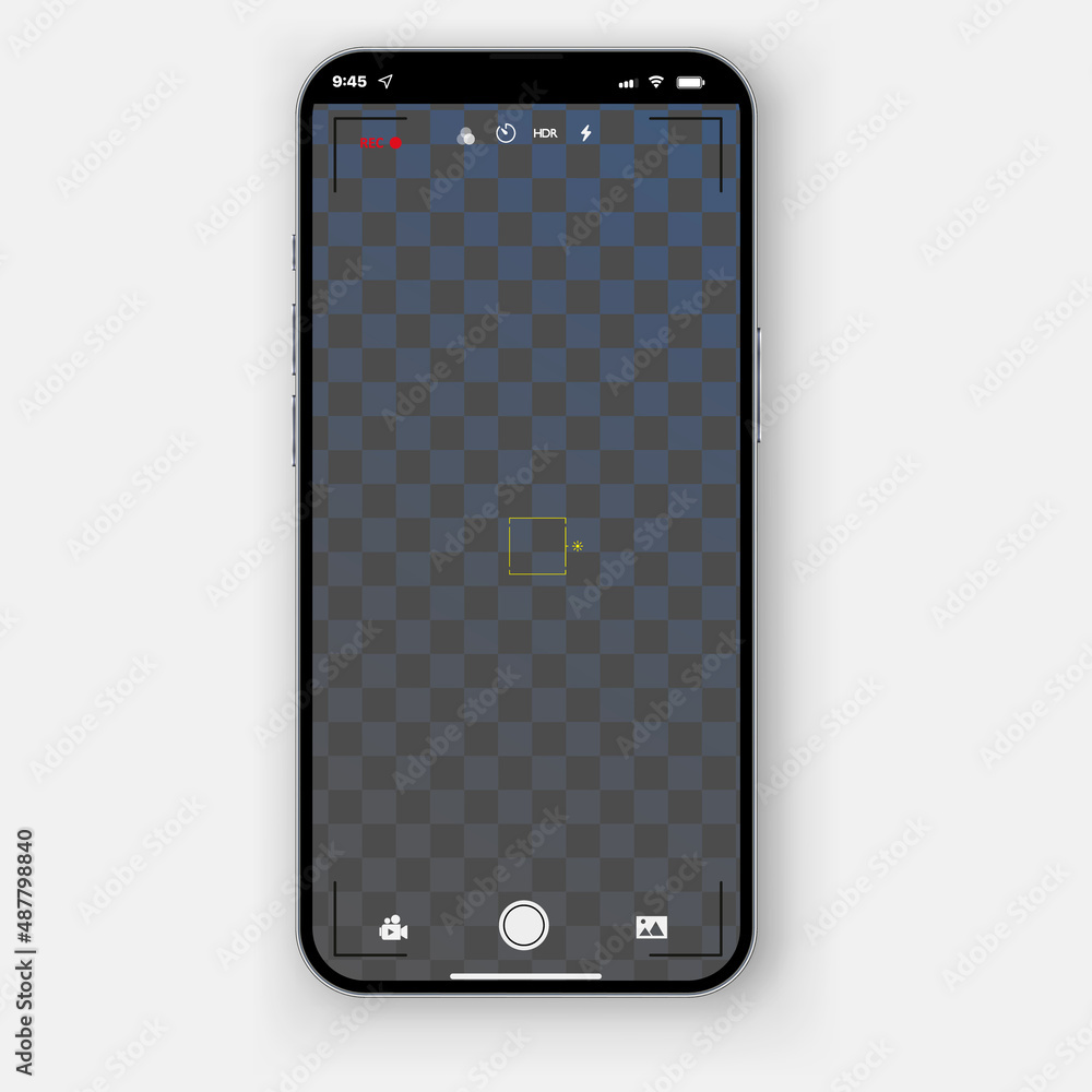 Poster Modern smartphone with camera application. User interface of camera viewfinder. Focusing screen in recording time.