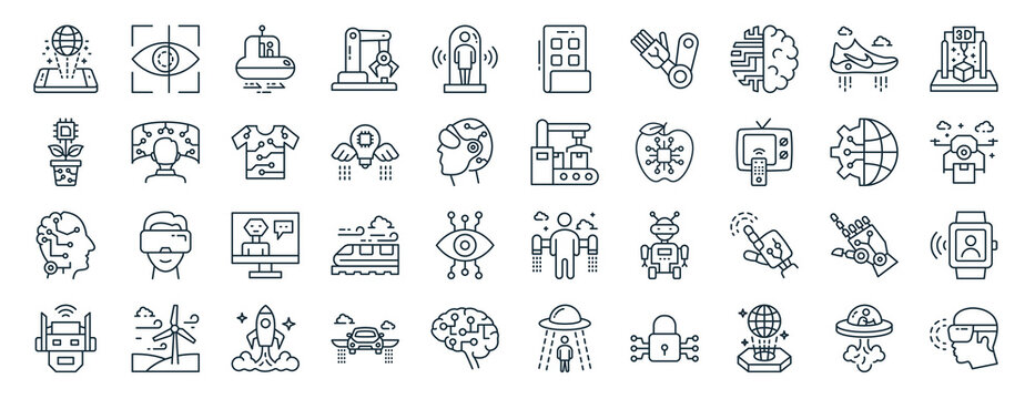 Set Of 40 Outline Web Future Things Icons Such As Eye Recognition, Plant Pot, Intelligence, Robotic Brain, Globe, D Modeling, Smart Control Icons For Report, Presentation, Diagram, Web Design,